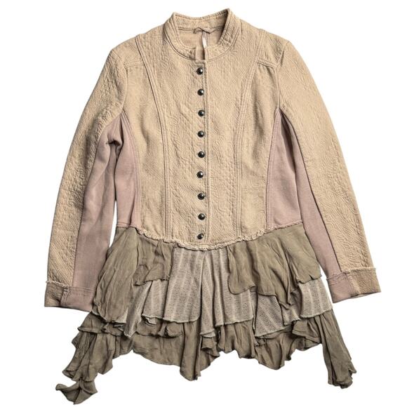 RARE Free People Military Ruffles Jacket Taupe Size 10 - Picture 2 of 10